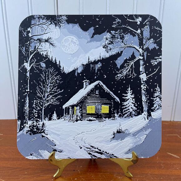 Winter Cabin Wall Art, Wall Art, Cabin in the Snow, Textured Art - Picture 1 of 10